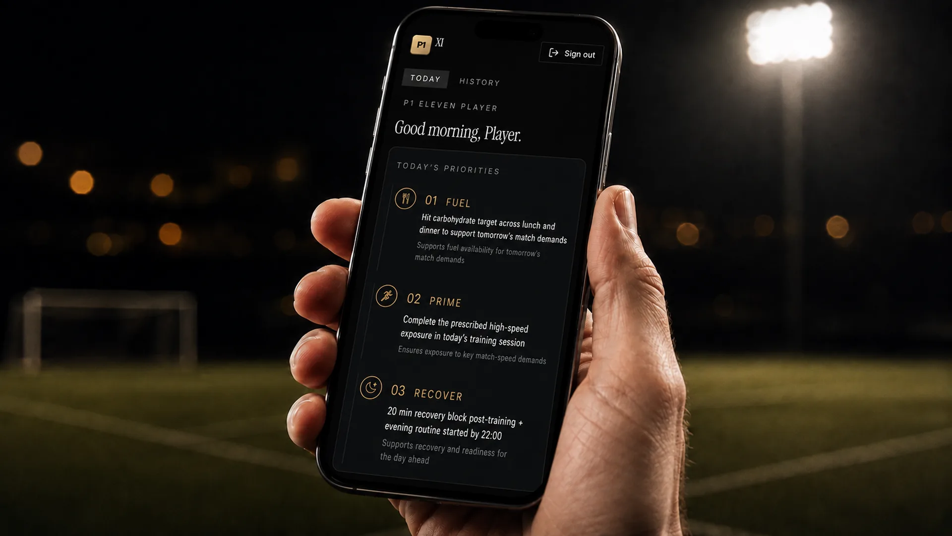 Close-up of the P1 app showing today's three player priorities