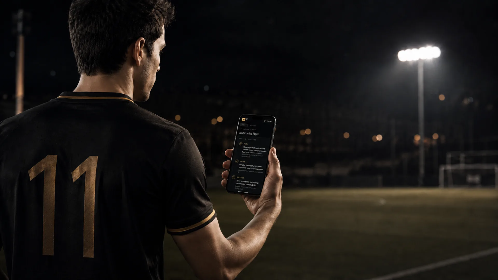 P1 ELEVEN player on the pitch reviewing today's priorities on the P1 app