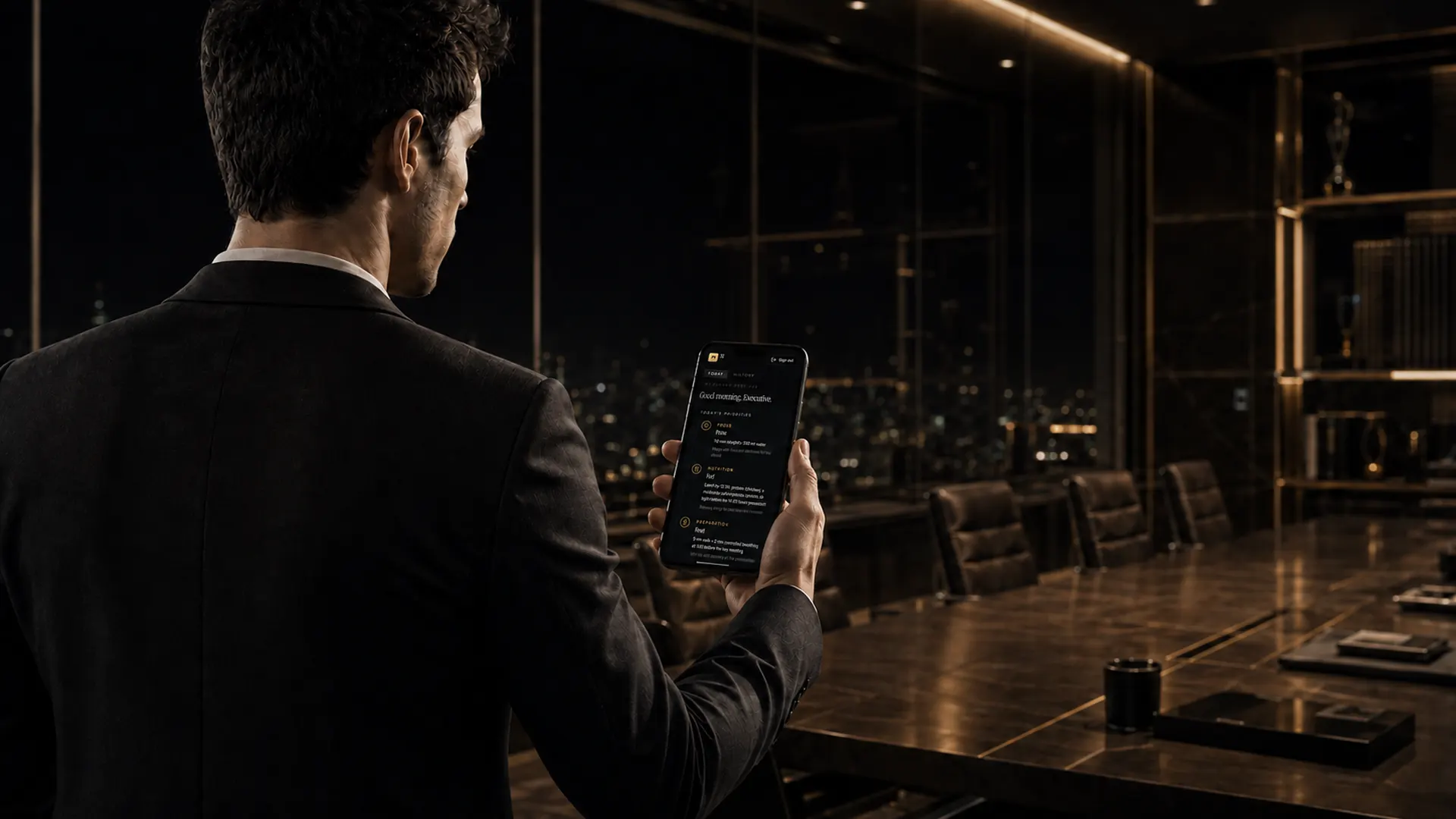 P1 ELEVEN executive reviewing today's priorities in a boardroom at night