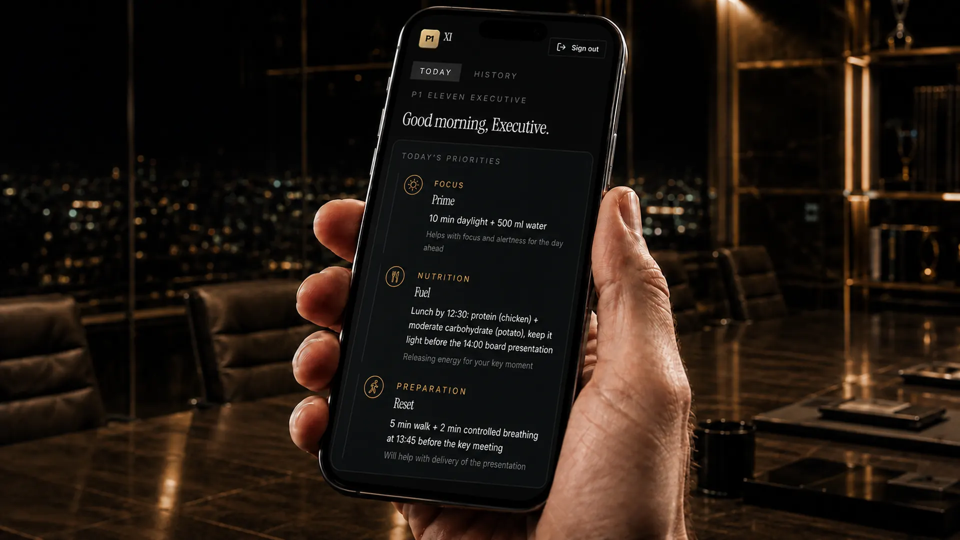 Close-up of the P1 app showing today's priorities for an executive